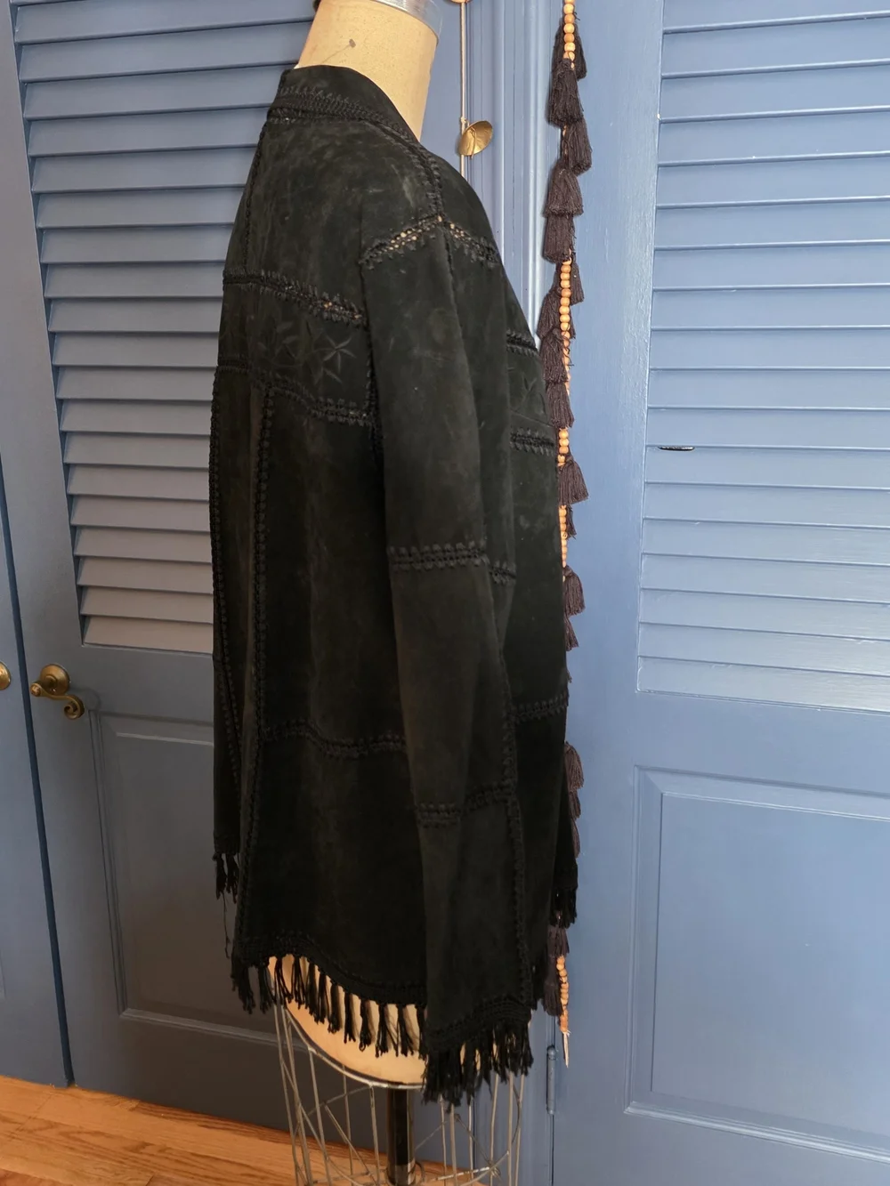 VTG Dressbarn Black Suede Leather Patchwork Western Fringe Jacket Boho 16W
